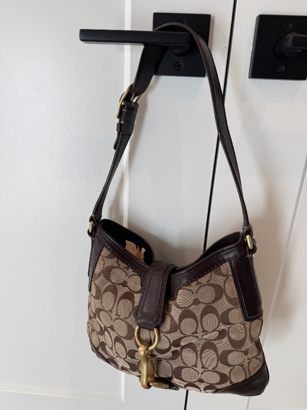 Vintage Coach Hampton Hobo Shoulder Bag Leather Signature C Jacquard Brown/Khaki